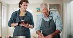 Cooking class, digital tablet and chef with senior man in kitchen for online recipe, instructions or learning. Teaching, prepare and elderly person for ingredients, steps or culinary course in home