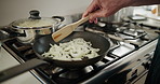 Hands, onion and cooking with home, kitchen and frying for food or nutrition with diet. Person, vegetables and stir for lunch, dinner or meal with pan and ingredients for seasoning for preparation