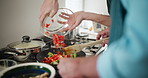 Hands, ingredients and cooking with home, kitchen and frying for food or nutrition with diet. Person, vegetables and peppers for lunch, dinner or meal with pan and bowl for seasoning and preparation