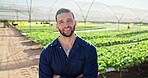 Greenhouse, man and face of farmer with arms crossed for growth, plants and crops for agro business. Countryside, Farming and farm owner with pride for agriculture, sustainability and production