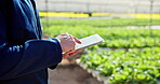 Farmer, hands and tablet in greenhouse for agriculture, sustainable farming and inspection for quality or irrigation control. Man, agritech and online for organic agro development and monitoring.