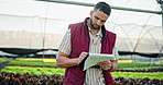 Farm, clipboard and man writing in greenhouse for plant growth inspection, notes or checklist in nature. Agriculture, sustainability and agro manager with documents for botany, compost or inventory