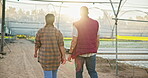 Agro, back and farm with people in greenhouse for growth, meeting or sustainability. Agriculture, green or inspection with man and woman farmer in countryside for agribusiness or food production