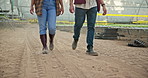 Agriculture, people and inspection walking in greenhouse for plant check, quality control and harvest compliance. Man, woman and sustainable farming in crop field for growth and lettuce production