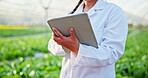 Greenhouse, scientist or hands with tablet for research, farming or agriculture inspection with tech. Person, biologist or digital for plant monitor, crop production or garden management in Australia