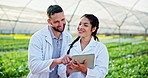 Tablet, greenhouse and scientist team research for agriculture, innovation and botanist study food. Technology, farm and happy science people working together for gmo plant, ecology or sustainability