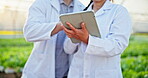 Tablet, greenhouse and hands of scientist research for agriculture, innovation and botanist team study food. Technology, farm and science people work together at gmo plant, ecology or sustainability