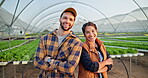 Greenhouse, couple and farmers in portrait with arms crossed for growth, plants and crops for agro business. Farming, man and woman with pride for agriculture, sustainability and garden production