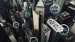 Internet, cityscape and wireless network with infrastructure overlay, lights or connection for communication. City, future technology and hologram icon for location, streaming and connectivity access