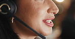 Business woman, consultant and mouth with headphones at night for customer service or support at office. Closeup of female person, employee or agent talking on mic for communication or telemarketing