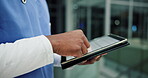 Hands, person and nurse with tablet in hospital for patient information, appointment and schedule. Database, medical and healthcare practitioner with technology for telehealth, service and medicine