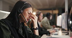 Headset, stress and woman with headache in call center for customer service problem and eye fatigue with brain fog. Telemarketing fail, agent girl and migraine for 404 glitch and client support error