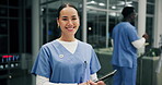 Portrait, woman and happy as nurse with tablet in hospital for patient information, appointment and schedule. Female person, medical and healthcare practitioner with smile or proud and telehealth