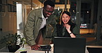 Woman, man and laptop in night at office for smile, support or advice for teamwork at media startup. Writer, partner and excited for ideas, collaboration or diversity with laugh at creative agency