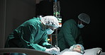 Surgeon, people and patient in theatre at hospital for operation with help, support and trust. Healthcare, doctor and nurse as assistant for procedure with medical tools for surgery as cardiologist