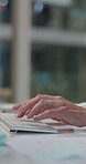 Woman, hands and typing on keyboard office, search and online report or senior with manicure for feedback email. Fingers, receptionist and employee on internet, project and information administrator