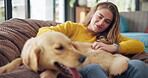 Woman, dog and pet in home for love, affection and trust or support in living room. Puppy, training and Golden retriever for adoption or rescue for animal, owner person and hug and canine best friend