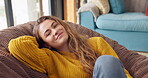 Girl, face and smile in home for relax on weekend break for wellness, mental health and stress relief for wellbeing or self care. Woman, portrait and bean bag for leisure or comfort, peace and rest.