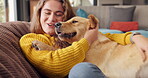 Woman, dog and pet in home for love, affection and trust or support in living room. Puppy, training and Golden retriever for adoption and stroke for animal, owner person or hug and canine best friend