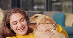 Woman, dog and pet in home for love, affection and trust or support in living room. Puppy, training and Golden retriever for adoption or rescue for animal, owner person and hug and canine best friend