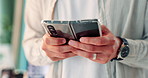 Phablet, typing and hands of business person scroll for online project, website review and social networking. Office, corporate and worker on digital technology for research, report and internet