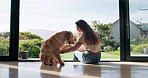 Bonding, woman and dog in home for support, trust and love with care and happy. Female person, pet and animal owner with playing for fun, relax and enjoy for welfare, adoption and friendship