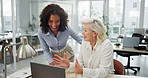 Happy woman, team and laptop with good news for promotion, coaching or sale at office. Excited female person showing colleague, employee or worker email, notification or deal on computer at workplace