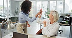 Business, women and high five with laptop for celebration of company growth, reputation and progress of project. Mature woman, girl and applause for success in office with happiness for milestone.