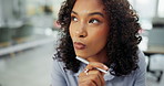 Business woman, face and thinking with decision in planning, solution or choice at office. Closeup of female person or employee in wonder, thought or contemplating ideas for project, task or deadline