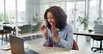 Happy woman, laptop and winning with celebration for good news, promotion or notification at office. Excited female person or employee with smile on computer for business success or deal at workplace