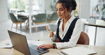 Woman, coffee and laptop with typing at startup with reading, ideas and editing at media company. Writer, person and computer with tea cup, drink and copywriting with thinking at creative agency