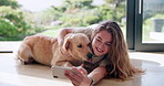 Home, woman and selfie with dog on floor with smile, bonding and trust for care and support. Female person, pet and animal owner with playing for fun, relax and enjoy for welfare and adoption