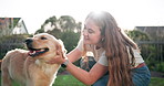 Playing, woman and dog in garden to relax with health, wellness or outdoor pet in summer. Friends, girl and Golden Retriever in backyard with smile, playful bonding and happiness with love for animal