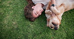 Happy woman, dog and play on grass at park for care, love or friends bonding together in top view outdoor. Animal, girl or pet owner with golden retriever on lawn to relax, smile or tickle game above