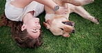 Happy woman, dog or play on lawn to relax, love or friends bonding together in top view outdoor. Animal, girl or pet owner with golden retriever at park for care, smile or tickle game above in summer