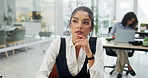 Business woman, thinking and decision with choice, solution or ideas for project, task or agenda at office. Female person or employee in wonder, thought or contemplating strategy by desk at workplace