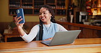 Happy, woman or student and selfie with laptop in cafe for fun on social media on study break. Smile, female person and hand for peace sign or emoji with smartphone and computer for connection