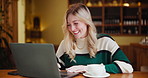 Laptop, typing and woman in cafe with coffee for university project, learning or scholarship. Student, online and female person with computer for education, knowledge or studying in restaurant