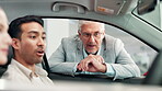 Couple, dealership and talking to salesperson in car, explaining and listening to mature man with smile. Shop, partner and woman in vehicle, choice and planning of purchase, test drive and New York