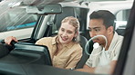 Car dealership, man and woman in vehicle, sell and buying with luxury product, modern and innovation. Purchase, people and conversation with expensive item, transportation and travel with wealth