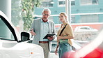 Woman, salesman and tablet in car dealership for sales, negotiation or consulting in vehicle finance. Conversation, man and customer shopping in transport showroom with digital app for auto insurance