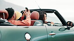 Group, people and car on road trip for travel, adventure and exploring on holiday, weekend or vacation. Friends, transportation and excited for journey, destination or experience as gen z in Italy