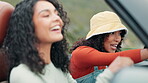 Group of people, car and road trip with pointing on travel, adventure or exploring on summer holiday or vacation. Friends, transport and laughing on journey, destination or tourism as gen z in Italy