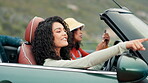 Group of people, car and road trip for travel, adventure and exploring on summer holiday or vacation in Tuscany. Excited, friends and sightseeing on drive as gen z at destination or location in Italy