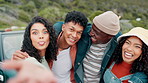 Selfie, friends and happy on mountain for road trip or adventure, peace sign and outdoor with photography for memory. People, gen z and funny face by motor car for travel exploration and holiday.