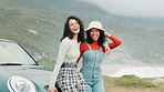 Girl, friends and face outdoor for road trip or adventure, fun and journey for freedom of youth with bonding. People, gen z and happiness together by car, vehicle and travel exploration on holiday.