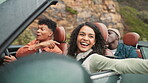 Happy, group of people and car on road trip with fun on travel, adventure or exploring on summer holiday or vacation. Friends, transport and laugh on journey, destination or tourism as gen z in Italy