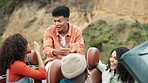 Friends, road trip and conversation in car outdoor for travel adventure, journey and fun storytelling with diversity or happiness. People, together and bonding on mountain, holiday and communication.