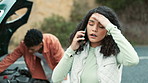 Car trouble, phone call or couple stuck in street with engine fail, gas or travel disaster, stress or conflict. Smartphone, conversation or girl with roadside assistance, emergency or insurance claim