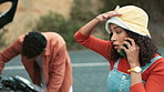 Car accident, phone call or couple stuck in street for engine fail, gas or travel disaster, stress or conflict. Smartphone, conversation or girl with roadside assistance, emergency or insurance claim